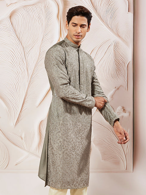 Men's Gray Silk Blend Kurta